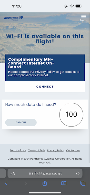 Malaysia Airlines free wifi login page