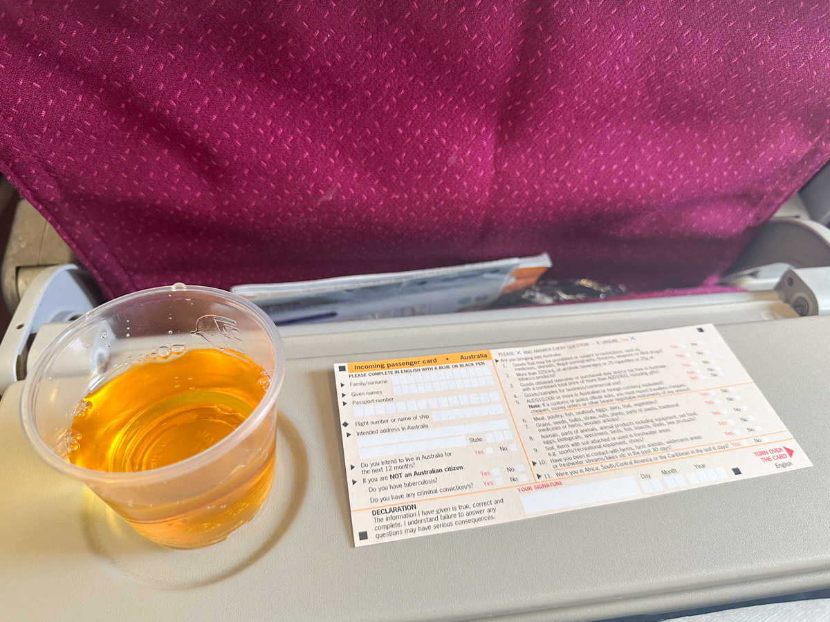 Apple juice and an Incoming Passenger Card in Malaysia Airlines economy