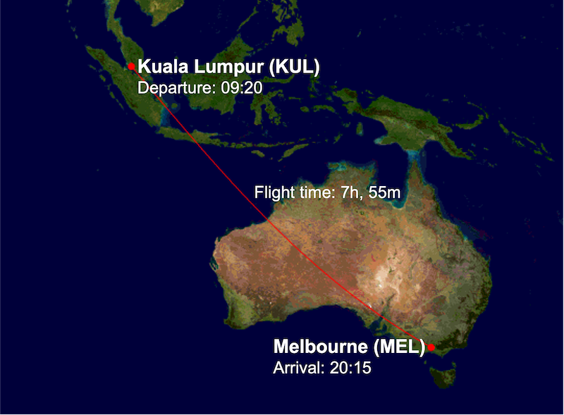 MH129 route map from Kuala Lumpur (KUL) to Melbourne (MEL)