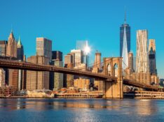 Famous Skyline of downtown New York, Brooklin Bridge and Manhattan at the early morning sun light , New York City, USA