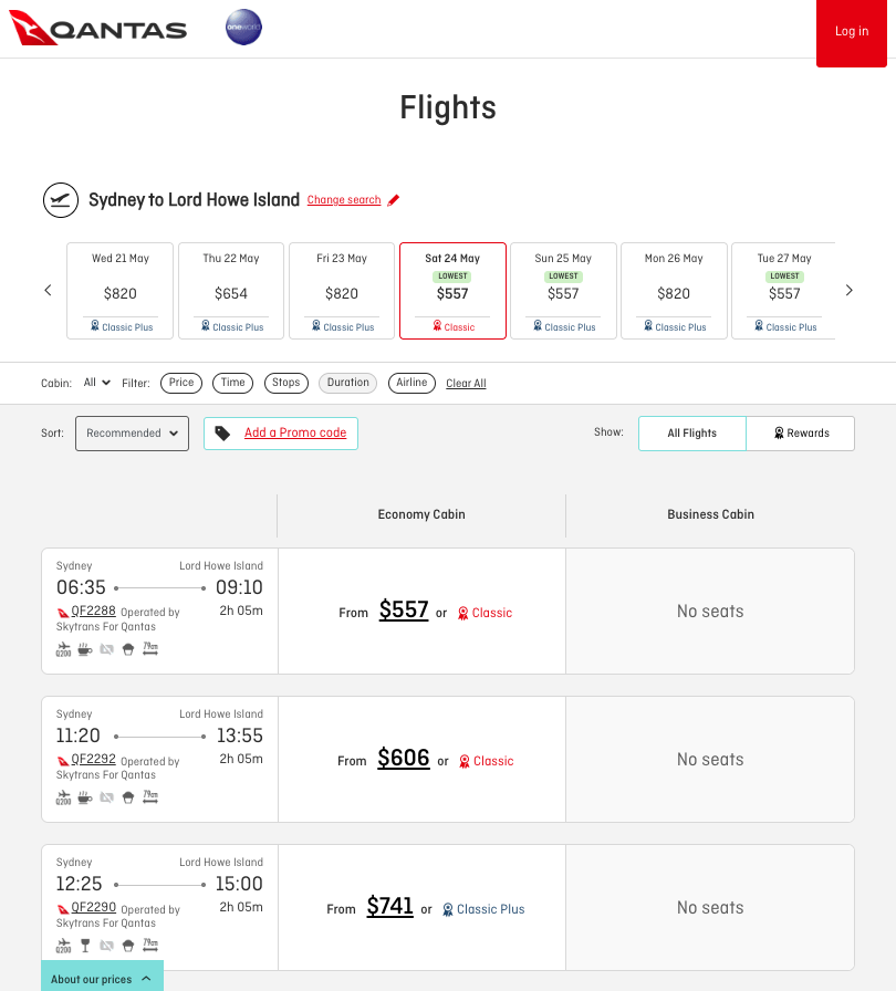SYD-LDH flights on the Qantas website, operated by Skytrans