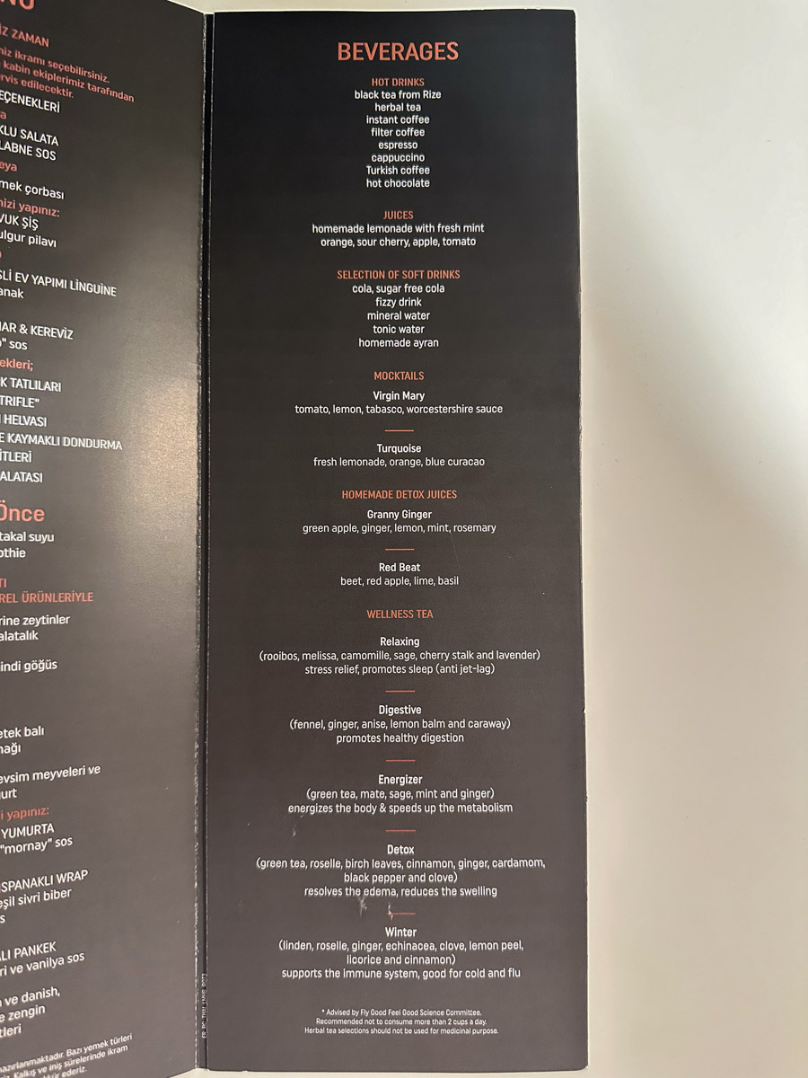 Turkish Airlines Business Class beverage list