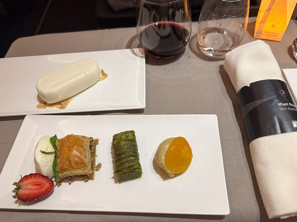 Potpourri of traditional Turkish desserts with ice cream in Turkish Airlines business class