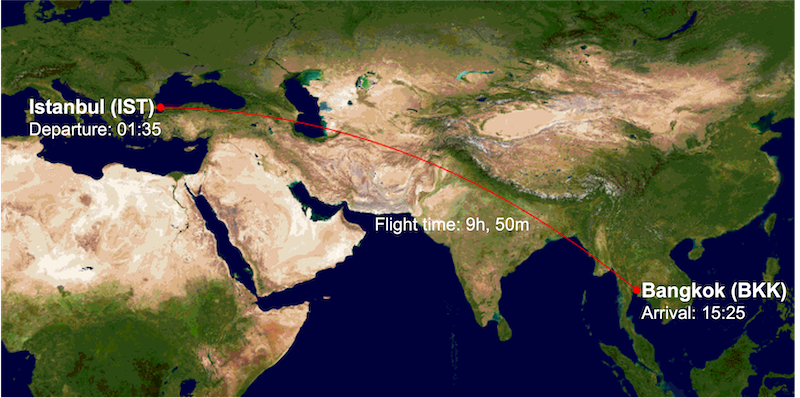 TK68 route map from IST to BKK