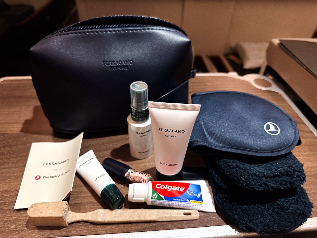 Turkish Airlines Ferragamo amenity kit in Business Class.