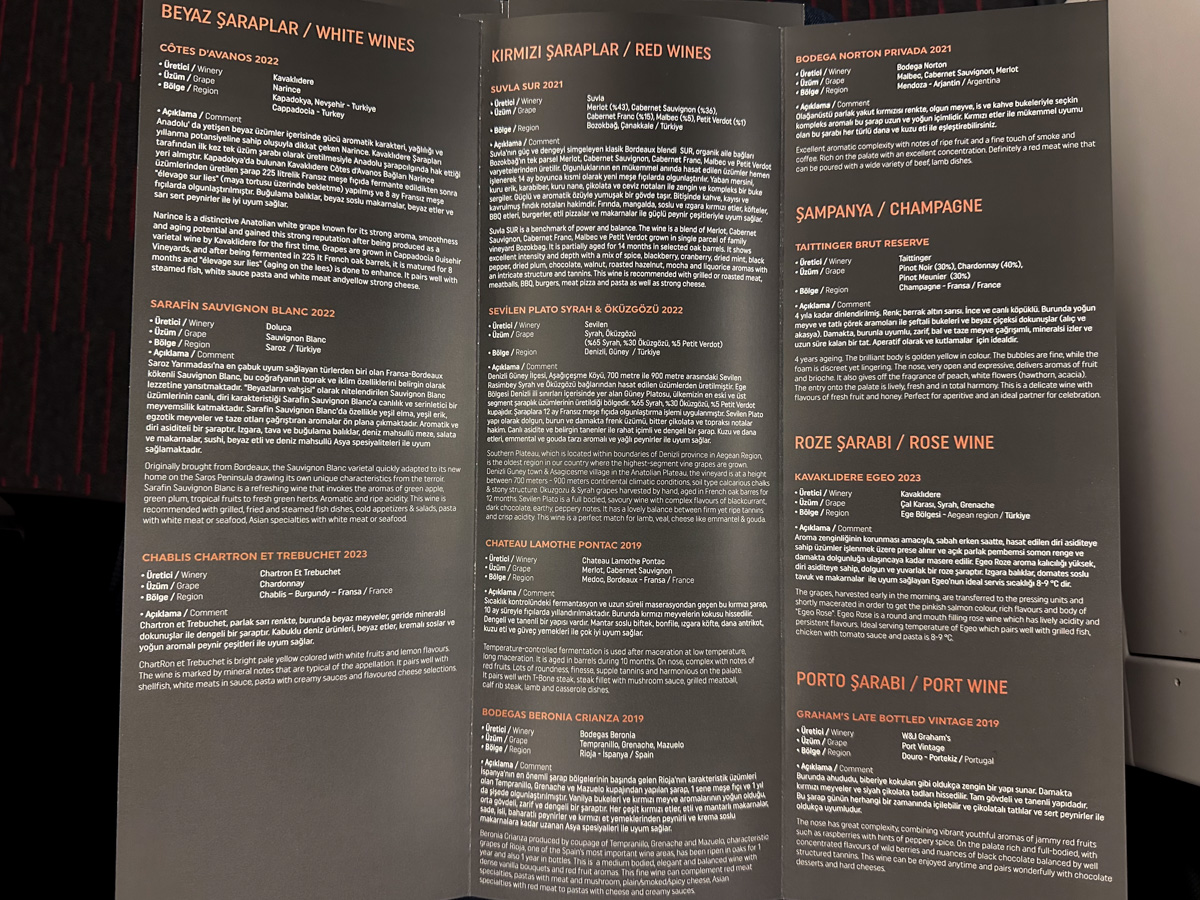 Turkish Airlines Business Class wine list on TK68 from Istanbul to Bangkok