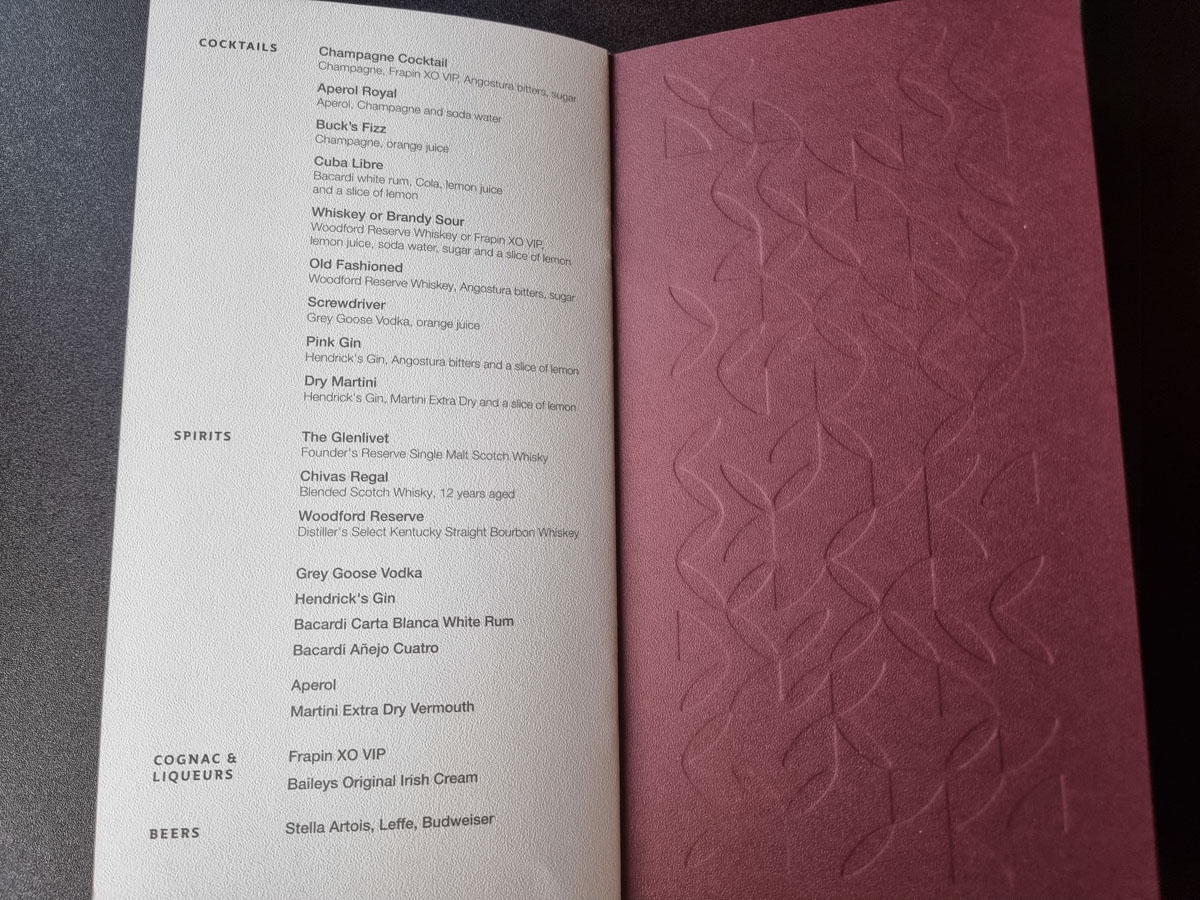 QR934 Business Class alcoholic beverages list