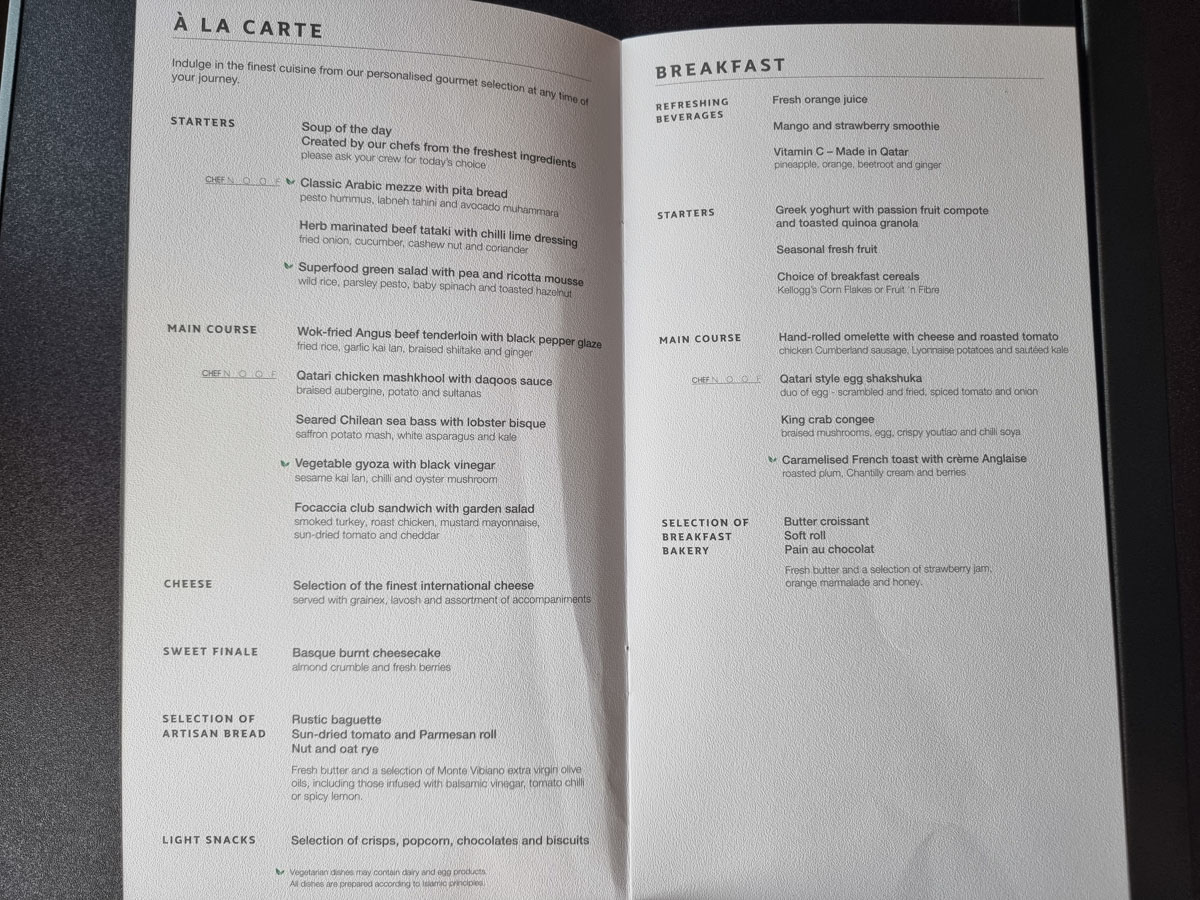 QR934 Business Class dining menu