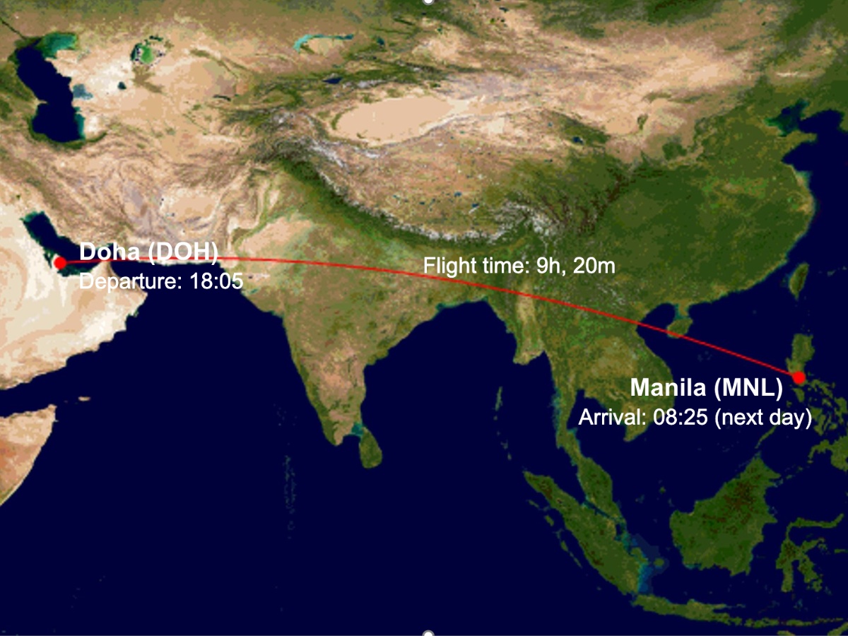 QR934 route map from Doha (DOH) to Manila (MNL)