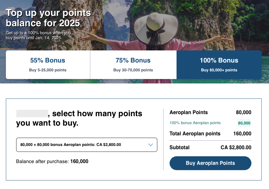 Aeroplan bonus points offer launched 6 January 2025: get 55%, 75% or 100% bonus points when buying Aeroplan points.