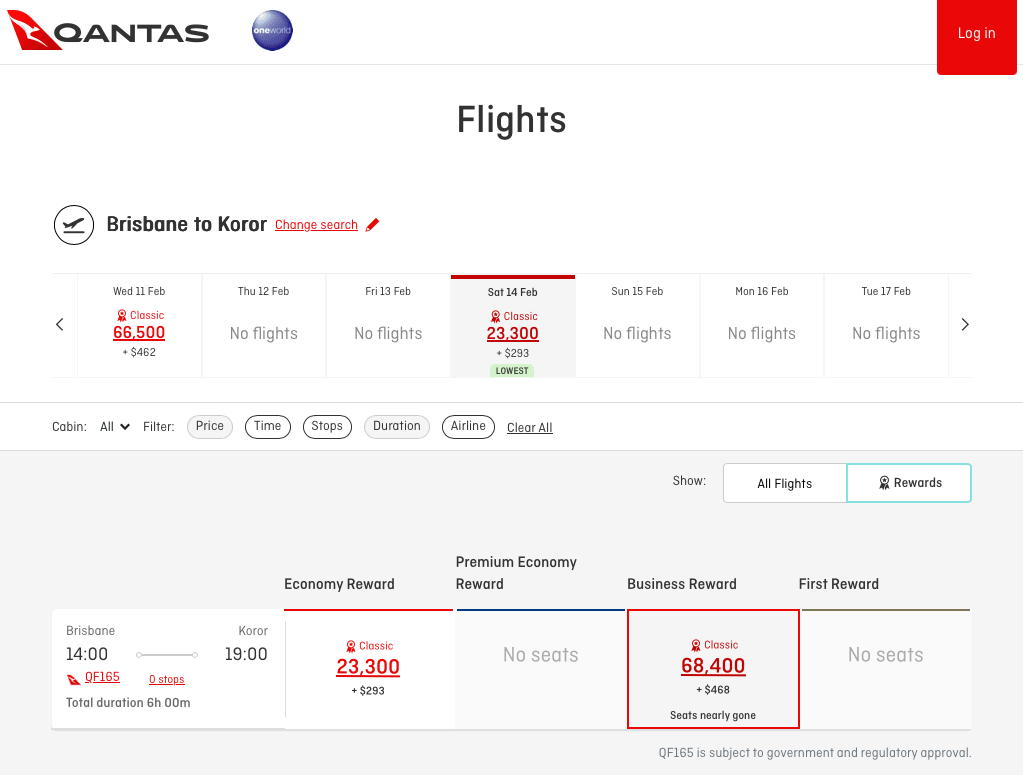 Classic Reward seats from BNE to ROR on the Qantas website