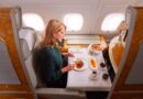 Emirates First Class dining with paired wine and bread basket