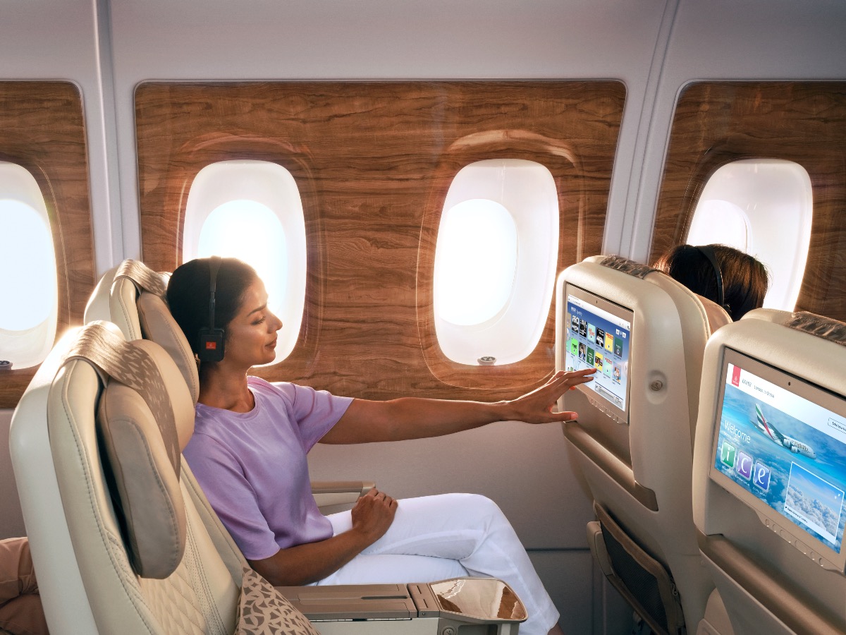 Emirates A380 Premium Economy in-flight entertainment with Spotify playlists