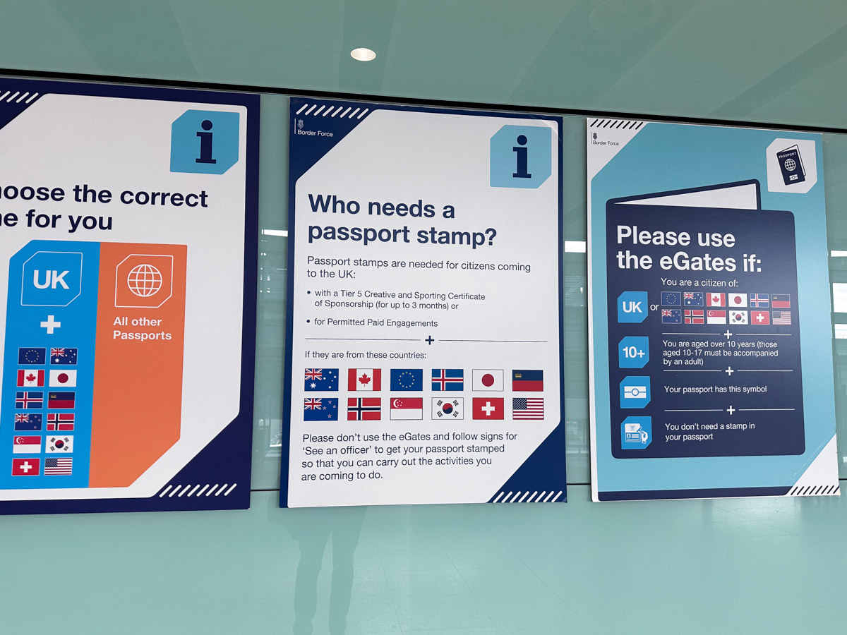 The UK no longer stamps Australian passports in most cases, as this sign at Heathrow Airport shows