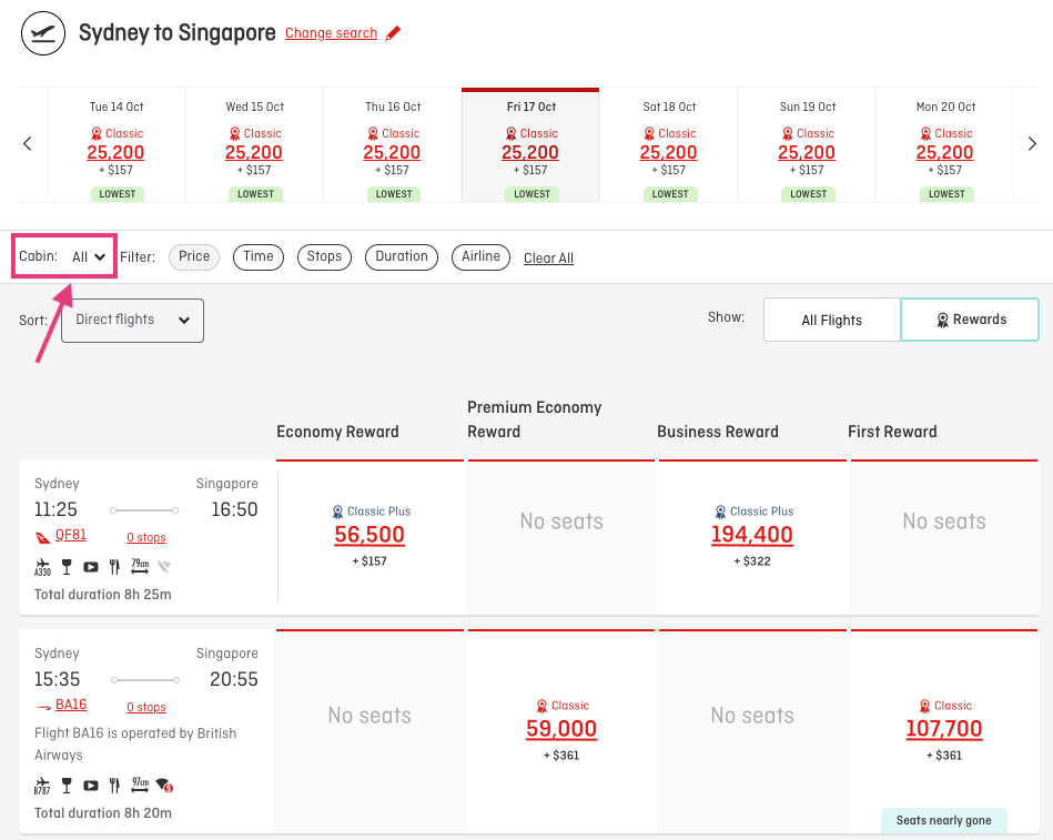 How to view Classic Reward availability on all cabins at the same time on the Qantas website