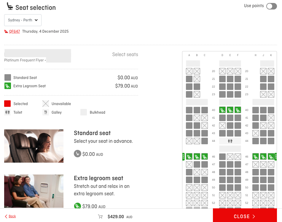 QF647 Qantas seat map with Premium Economy seats sold as Economy