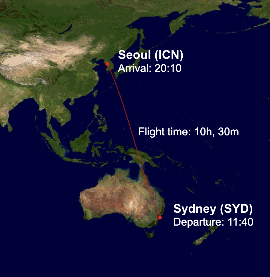 JQ47 route map from Sydney (SYD) to Seoul Incheon (ICN)