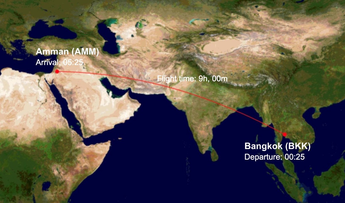 RJ183 Route map from Bangkok (BKK) to Amman (AMM)