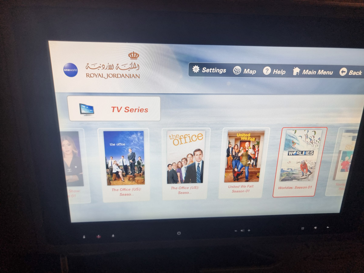 Royal Jordanian 787 Business Class entertainment screen