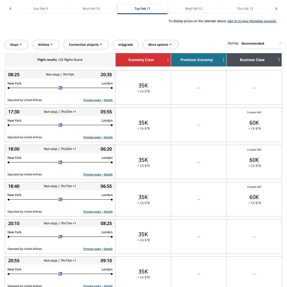 Air Canada website showing Aeroplan availability on EWR-LHR route