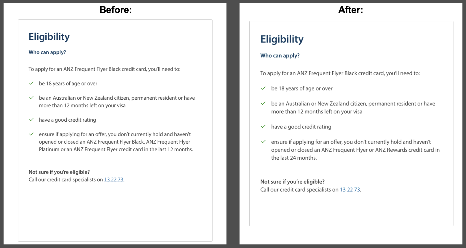 The old and new eligibility criteria for ANZ's Frequent Flyer Black card sign-up offer on the ANZ website