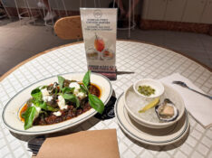 Spicy Padron peppers with a Sydney rock oyster at Luke's Bistro & Bar