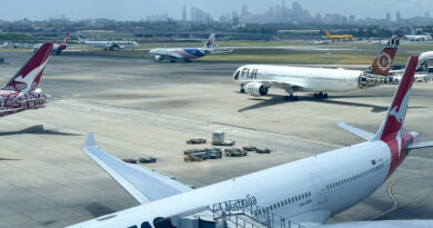 Qantas, Fiji Airways, Malaysia Airlines and Finnair Airbus jets at Sydney Airport