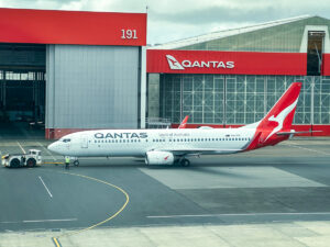 A Qantas Boeing 737-800 prepares to depart Sydney Airport