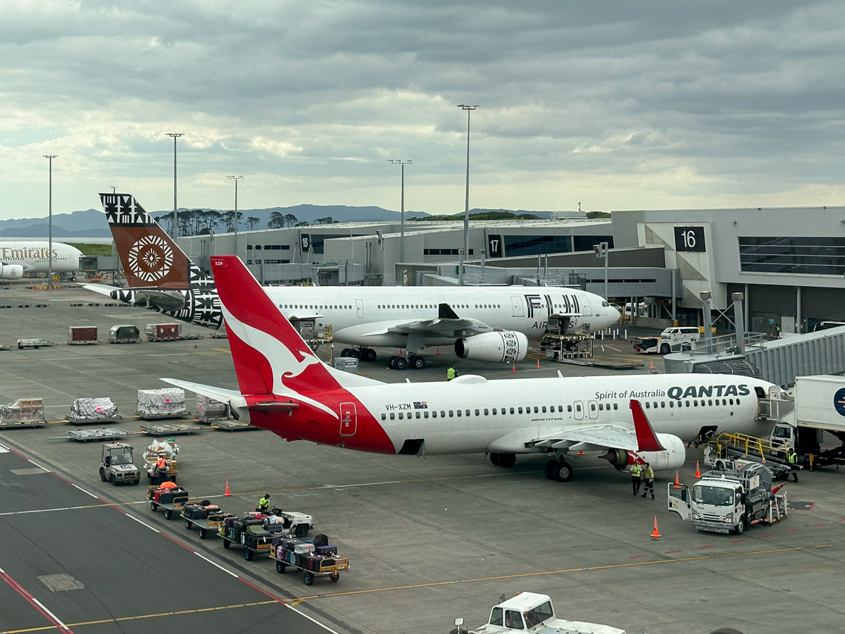 Qantas 737, Fiji Airways A330 and Emirates A380 at Auckland Airport, New Zealand