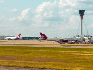 Virgin Atlantic A350 and a Qantas A380 at London Heathrow Airport