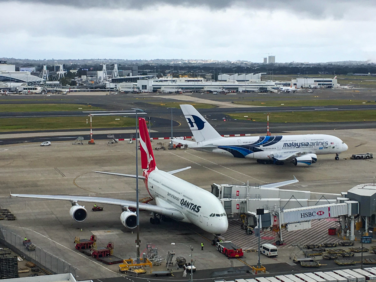 Qantas and Malaysia Airlines Airbus A380s at Sydney Airport