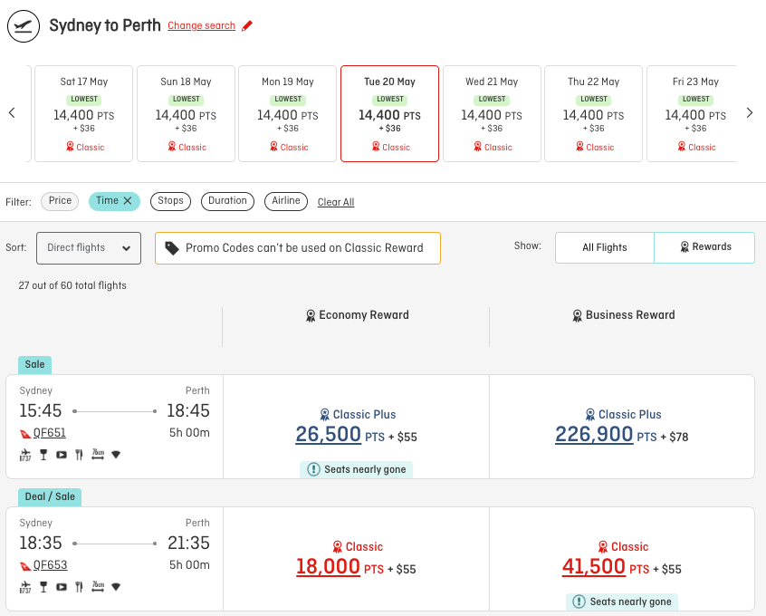 Qantas Classic Plus vs Classic Reward pricing on the SYD-PER route