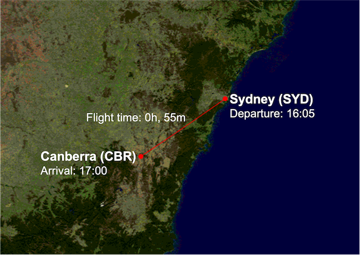 QF803 route map from Sydney (SYD) to Canberra (CBR)