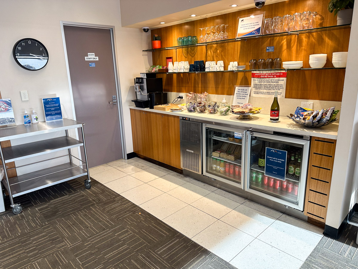 The self-service buffet food and drink selection in the Rex Lounge at Adelaide Airport