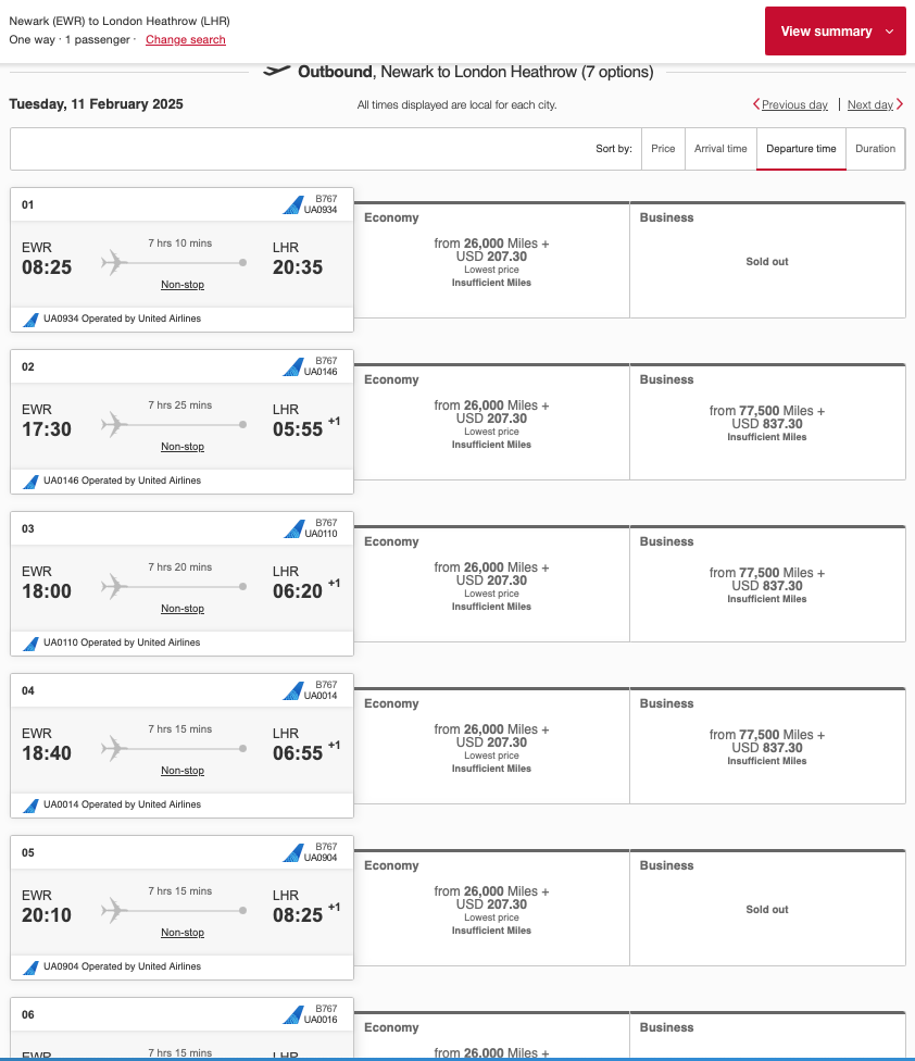 United EWR-LHR Classic Reward availability on the Emirates website