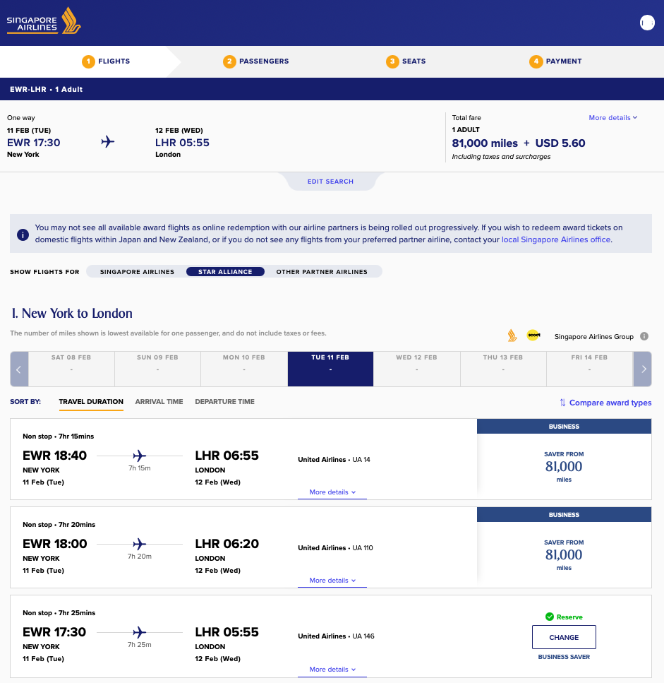 United Business award availability from EWR to LHR on the Singapore Airlines website