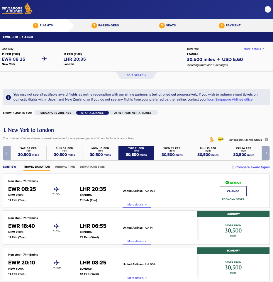 United Economy KrisFlyer Saver award availability on EWR-LHR route on the Singapore Airlines website