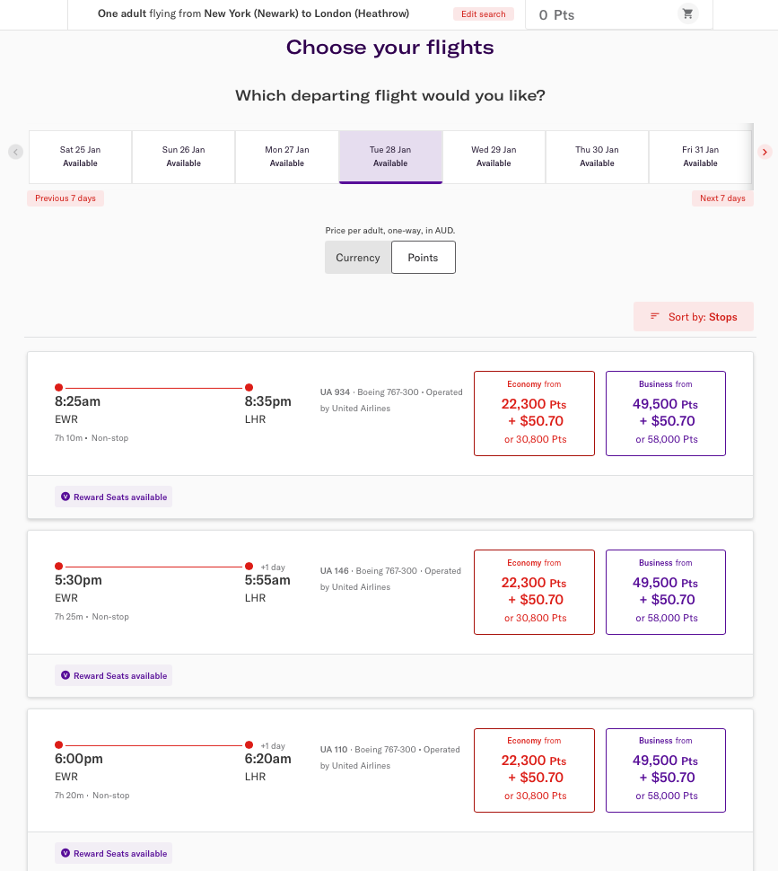 Velocity reward seats on United Airlines from EWR to LHR on the Virgin Australia website