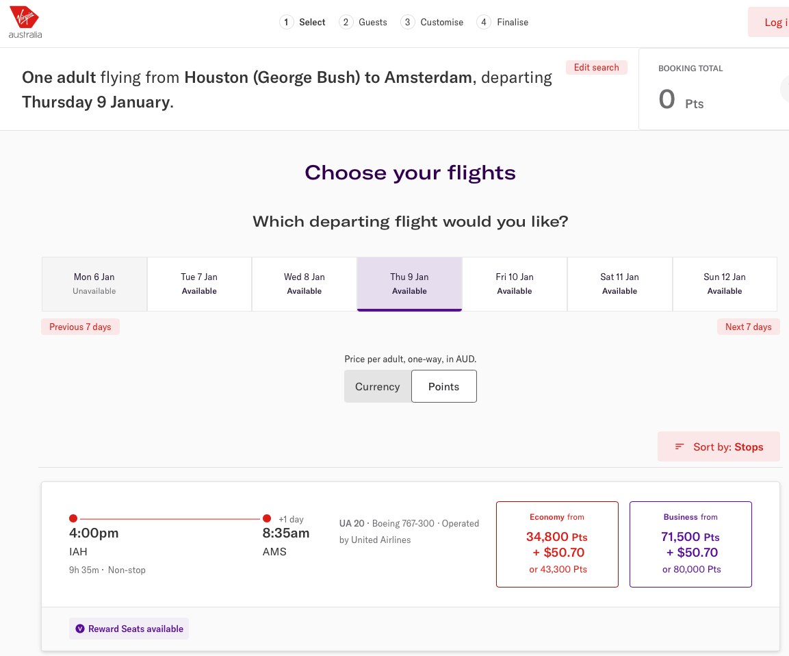 United Houston-Amsterdam reward seat availability on the Virgin Australia website.