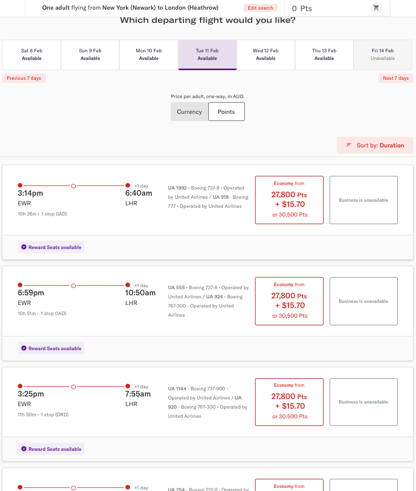 United EWR-LHR Velocity reward seat availability on the Virgin Australia website