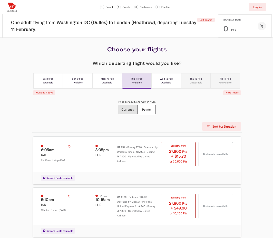 Velocity reward seat availability on United Airlines from IAD to EWR on the Virgin Australia website