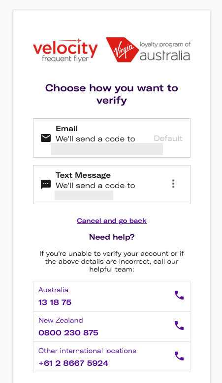 Velocity Frequent Flyer multi-factor authentication options