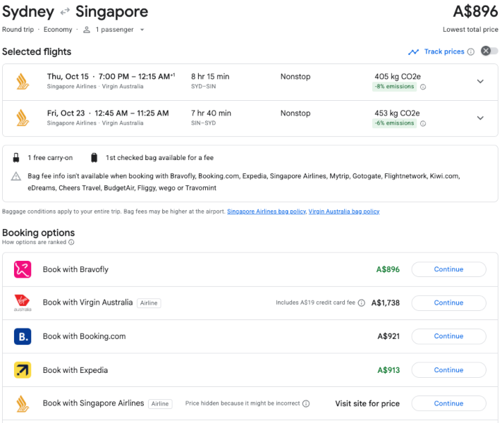 Screenshot of Google Flights showing no Singapore Airlines website pricing