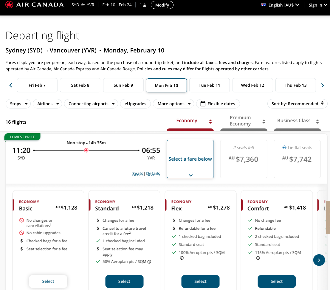 Air Canada Economy fare options on the SYD-YVR route