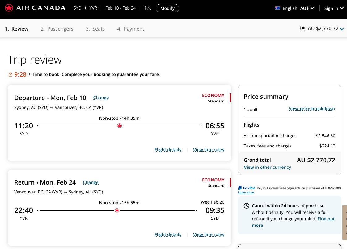 Air Canada website quoting an Economy Standard fare from SYD to YVR
