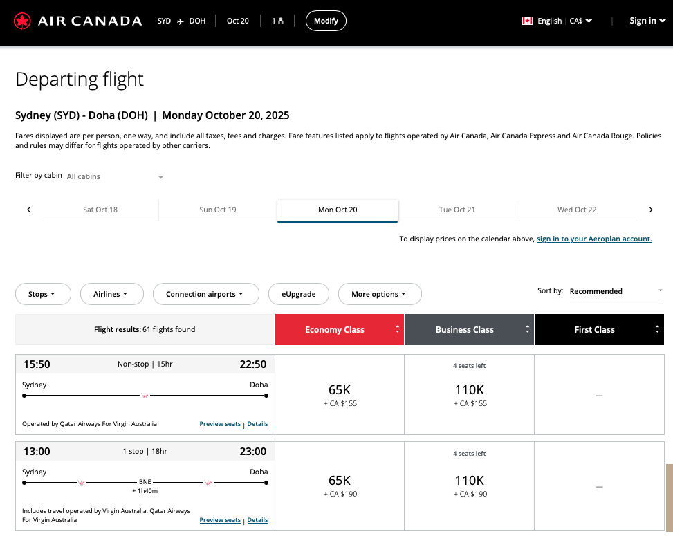 Virgin Australia award flight from Sydney to Doha on the Air Canada website