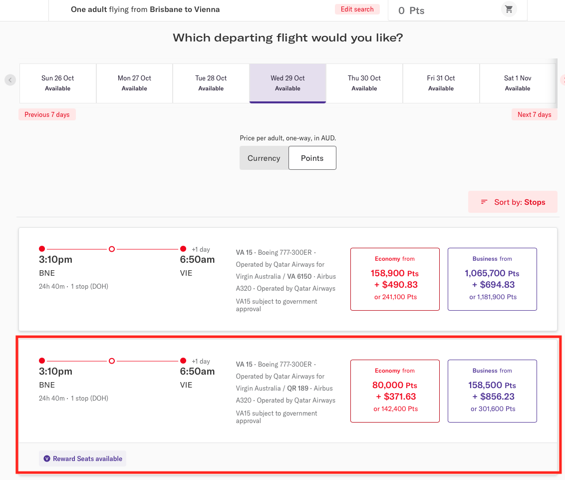 BNE-VIE Velocity reward seats