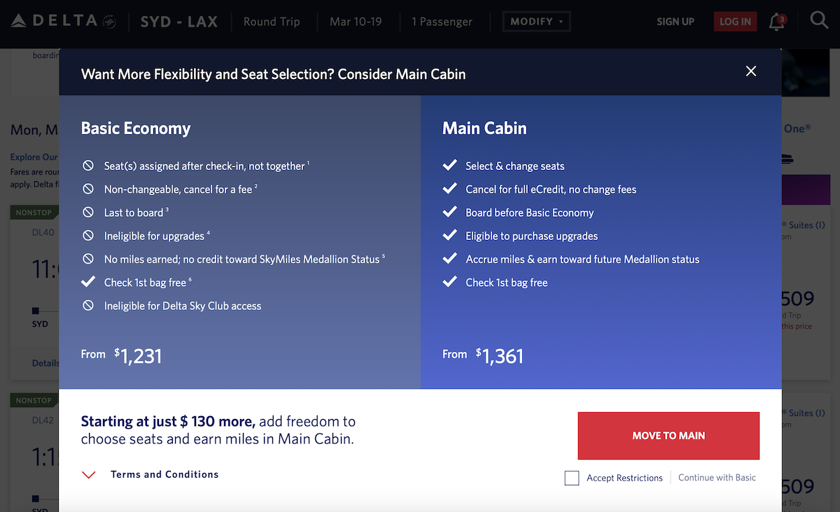 Delta Basic Economy inclusions on SYD-LAX route