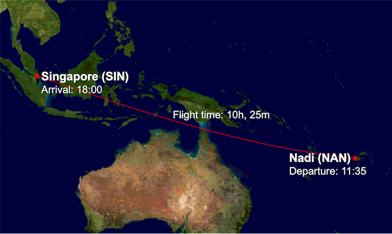 FJ361 route map from Nadi (NAN) to Singapore (SIN)