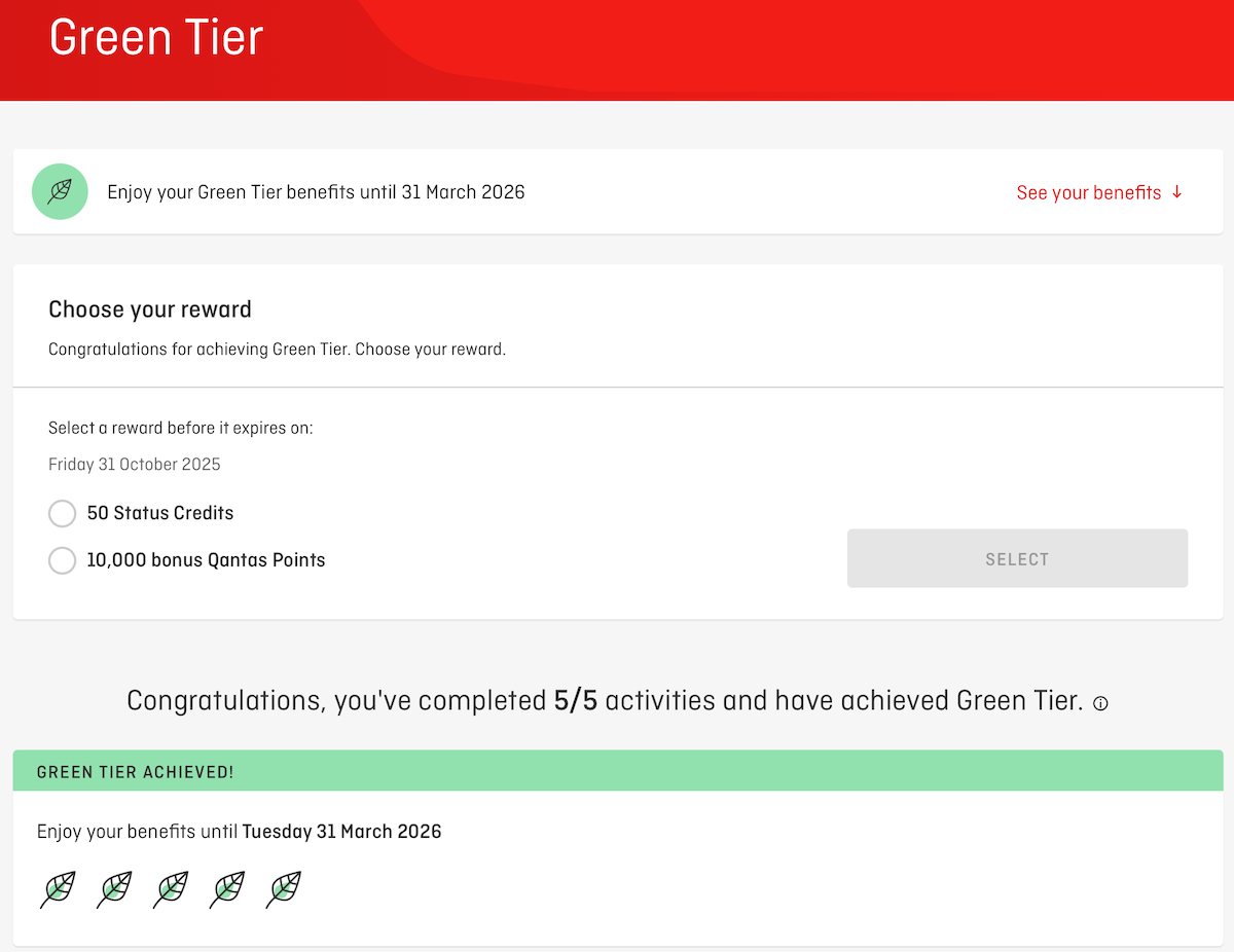 Choice of Green Tier rewards on the Qantas website: either 50 status credits or 10,000 Qantas Points